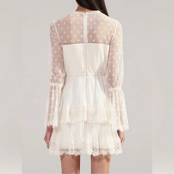 NEW Self-Portrait Chiffon Lace Tiered Mini Dress White Ivory | size UK 8 / US 4 - Picture 2 of 16
